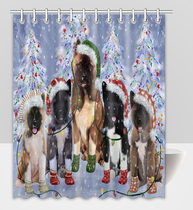 Christmas Lights and American Akita Dogs Shower Curtain Pet Painting Bathtub Curtain Waterproof Polyester One-Side Printing Decor Bath Tub Curtain for Bathroom with Hooks