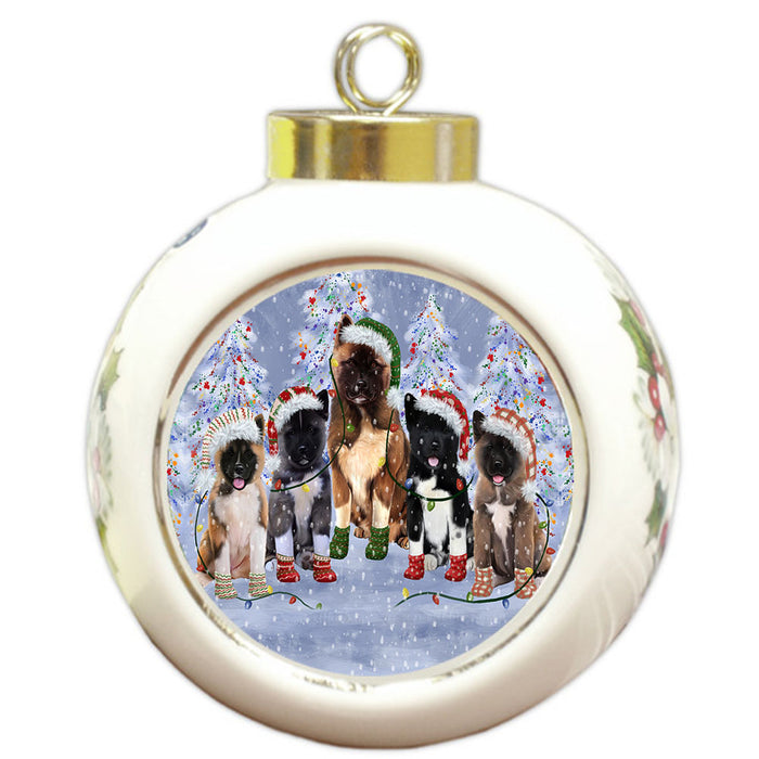 Christmas Lights and American Akita Dogs Round Ball Christmas Ornament Pet Decorative Hanging Ornaments for Christmas X-mas Tree Decorations - 3" Round Ceramic Ornament