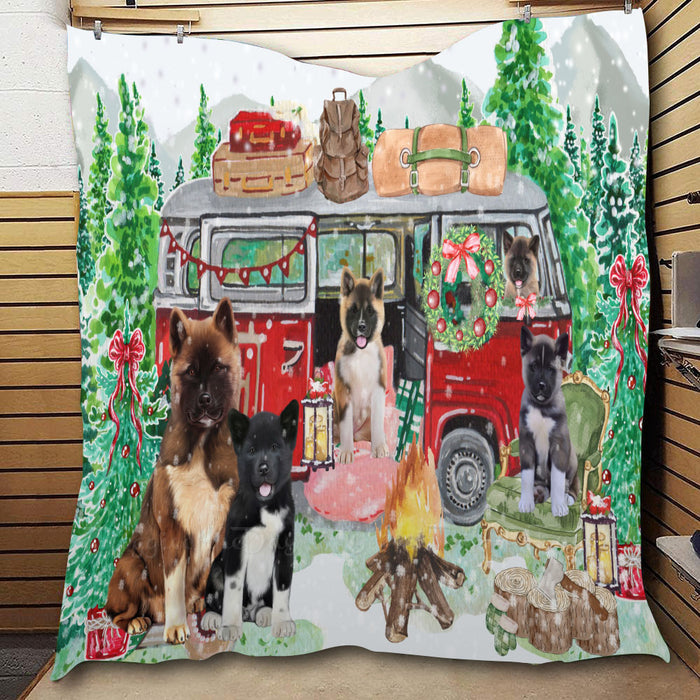 Christmas Time Camping with American Akita Dogs  Quilt Bed Coverlet Bedspread - Pets Comforter Unique One-side Animal Printing - Soft Lightweight Durable Washable Polyester Quilt