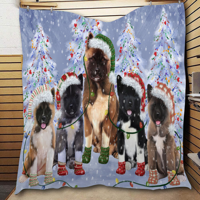 Christmas Lights and American Akita Dogs  Quilt Bed Coverlet Bedspread - Pets Comforter Unique One-side Animal Printing - Soft Lightweight Durable Washable Polyester Quilt