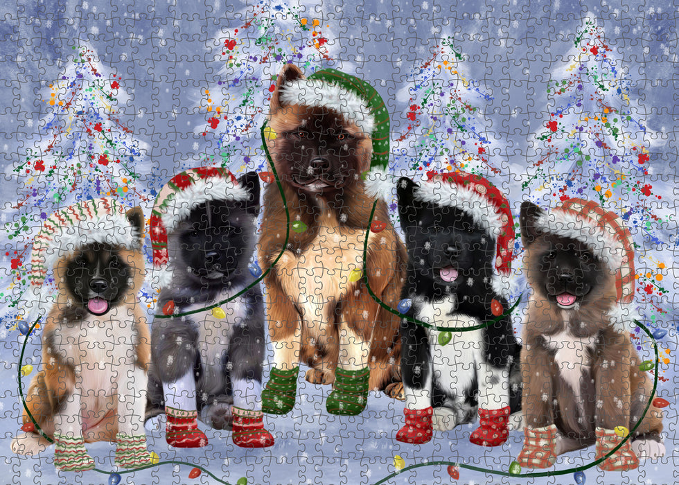 Christmas Lights and American Akita Dogs Portrait Jigsaw Puzzle for Adults Animal Interlocking Puzzle Game Unique Gift for Dog Lover's with Metal Tin Box