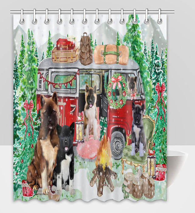 Christmas Time Camping with American Akita Dogs Shower Curtain Pet Painting Bathtub Curtain Waterproof Polyester One-Side Printing Decor Bath Tub Curtain for Bathroom with Hooks