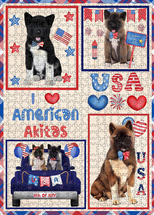 4th of July Independence Day I Love USA American Akita Dogs Portrait Jigsaw Puzzle for Adults Animal Interlocking Puzzle Game Unique Gift for Dog Lover's with Metal Tin Box