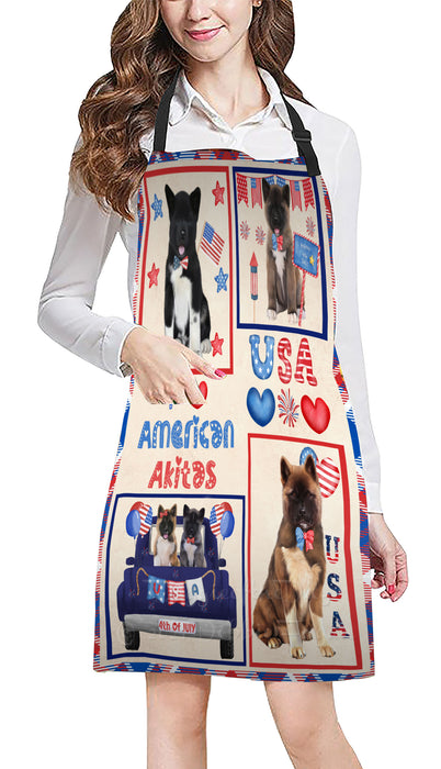 4th of July Independence Day I Love USA American Akita Dogs Apron - Adjustable Long Neck Bib for Adults - Waterproof Polyester Fabric With 2 Pockets - Chef Apron for Cooking, Dish Washing, Gardening, and Pet Grooming