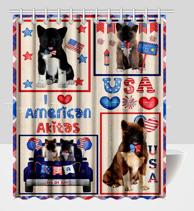 4th of July Independence Day I Love USA American Akita Dogs Shower Curtain Pet Painting Bathtub Curtain Waterproof Polyester One-Side Printing Decor Bath Tub Curtain for Bathroom with Hooks