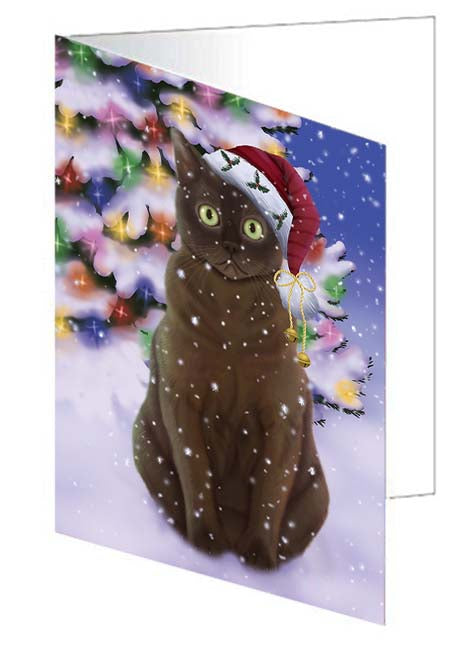Winterland Wonderland American Bermese Zibeline Cat In Christmas Holiday Scenic Background Handmade Artwork Assorted Pets Greeting Cards and Note Cards with Envelopes for All Occasions and Holiday Seasons GCD71543