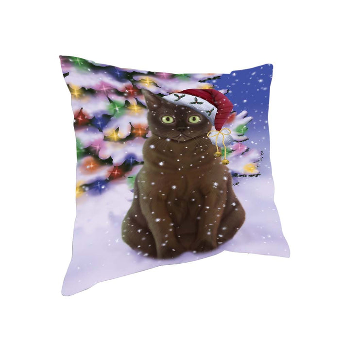 Winterland Wonderland American Bermese Zibeline Cat In Christmas Holiday Scenic Background Pillow PIL71632