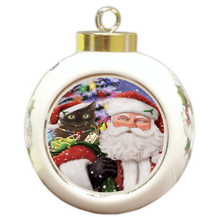 Santa Carrying American Bermese Zibeline Cat and Christmas Presents Round Ball Christmas Ornament RBPOR55832