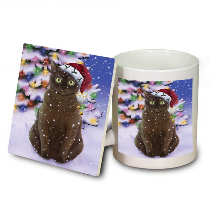 Winterland Wonderland American Bermese Zibeline Cat In Christmas Holiday Scenic Background Mug and Coaster Set MUC55668