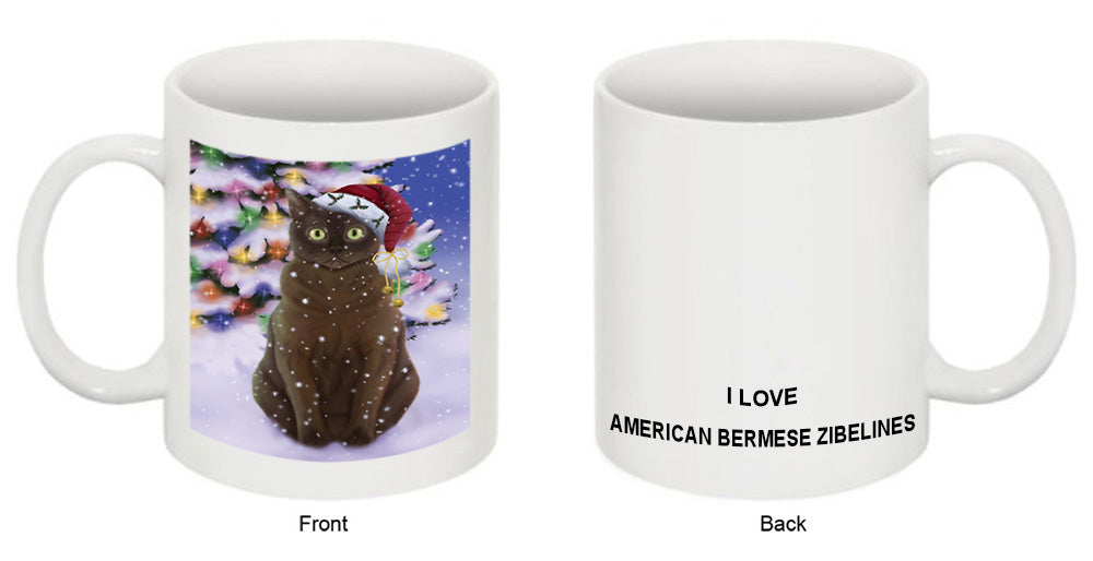 Winterland Wonderland American Bermese Zibeline Cat In Christmas Holiday Scenic Background Coffee Mug MUG51074