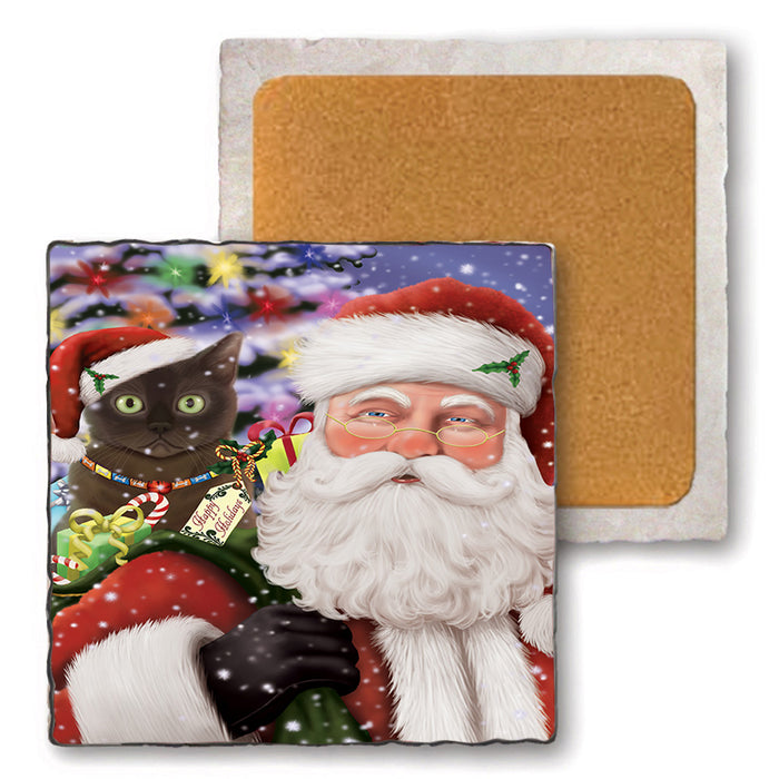Santa Carrying American Bermese Zibeline Cat and Christmas Presents Set of 4 Natural Stone Marble Tile Coasters MCST50476