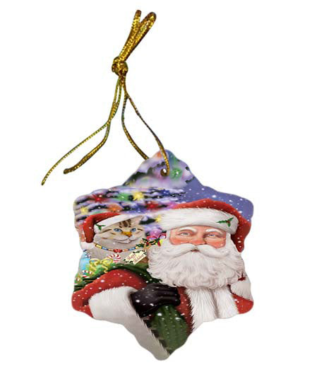 Santa Carrying American Bobtail Cat and Christmas Presents Star Porcelain Ornament SPOR55833