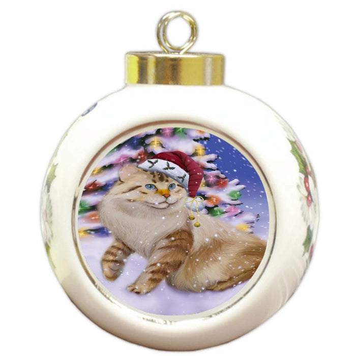 Winterland Wonderland American Bobtail Cat In Christmas Holiday Scenic Background Round Ball Christmas Ornament RBPOR56033