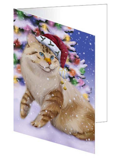 Winterland Wonderland American Bobtail Cat In Christmas Holiday Scenic Background Handmade Artwork Assorted Pets Greeting Cards and Note Cards with Envelopes for All Occasions and Holiday Seasons GCD71546
