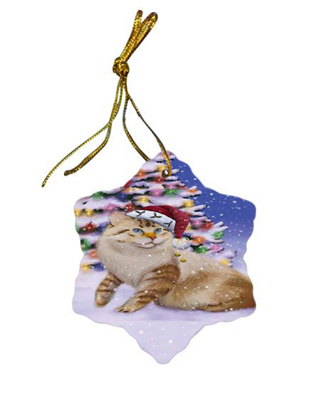 Winterland Wonderland American Bobtail Cat In Christmas Holiday Scenic Background Star Porcelain Ornament SPOR56033