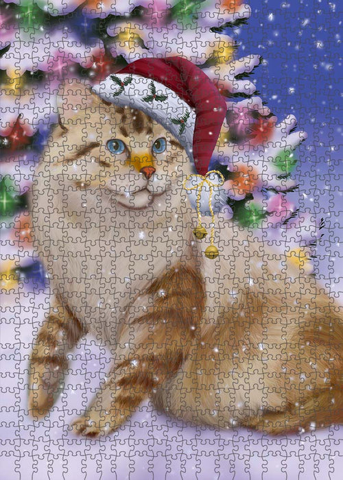 Winterland Wonderland American Bobtail Cat In Christmas Holiday Scenic Background Puzzle with Photo Tin PUZL90912