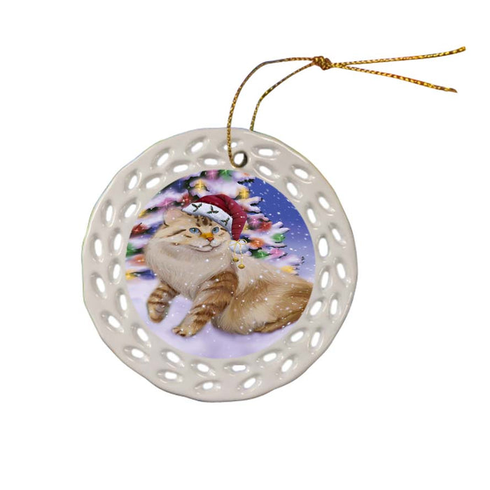 Winterland Wonderland American Bobtail Cat In Christmas Holiday Scenic Background Ceramic Doily Ornament DPOR56033