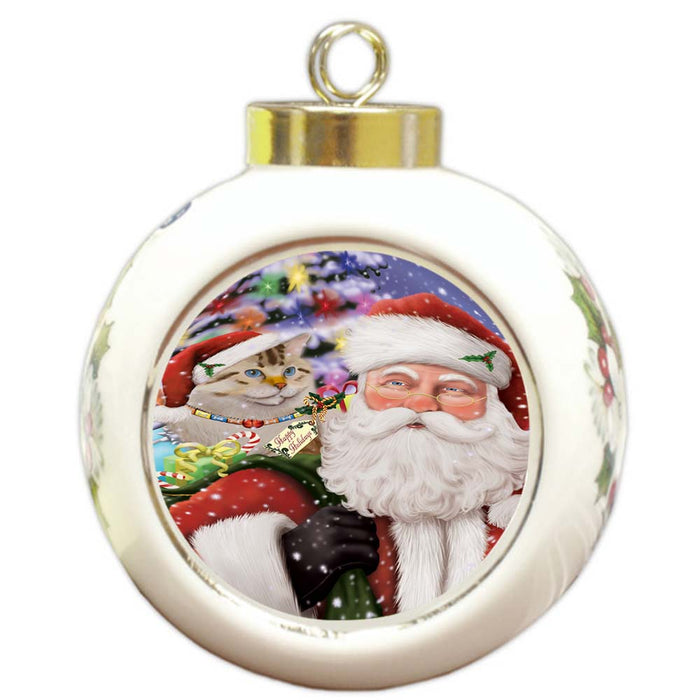 Santa Carrying American Bobtail Cat and Christmas Presents Round Ball Christmas Ornament RBPOR55833