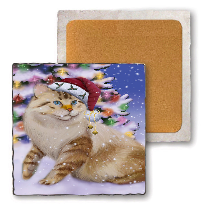 Winterland Wonderland American Bobtail Cat In Christmas Holiday Scenic Background Set of 4 Natural Stone Marble Tile Coasters MCST50677