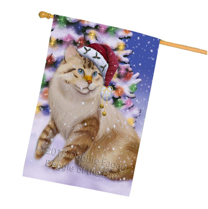 Winterland Wonderland American Bobtail Cat In Christmas Holiday Scenic Background House Flag FLG56106