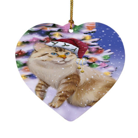 Winterland Wonderland American Bobtail Cat In Christmas Holiday Scenic Background Heart Christmas Ornament HPOR56033