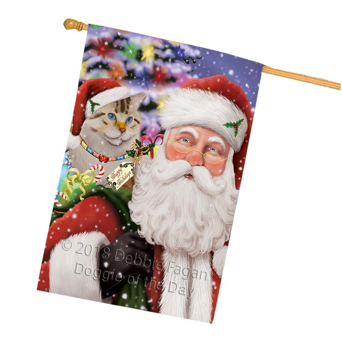 Santa Carrying American Bobtail Cat and Christmas Presents House Flag FLG55906