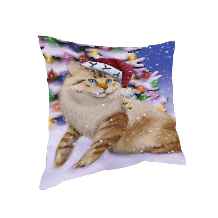 Winterland Wonderland American Bobtail Cat In Christmas Holiday Scenic Background Pillow PIL71636