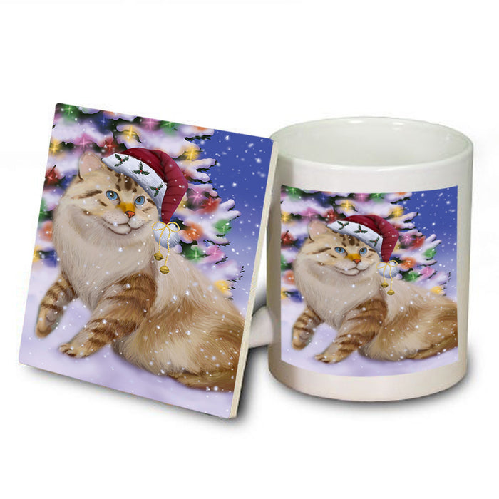Winterland Wonderland American Bobtail Cat In Christmas Holiday Scenic Background Mug and Coaster Set MUC55669