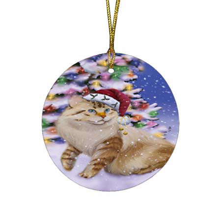 Winterland Wonderland American Bobtail Cat In Christmas Holiday Scenic Background Round Flat Christmas Ornament RFPOR56033