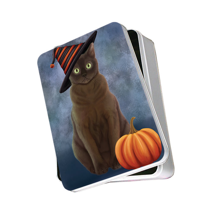 Happy Halloween American Burmese Zibeline Cat Wearing Witch Hat with Pumpkin Photo Storage Tin PITN54795