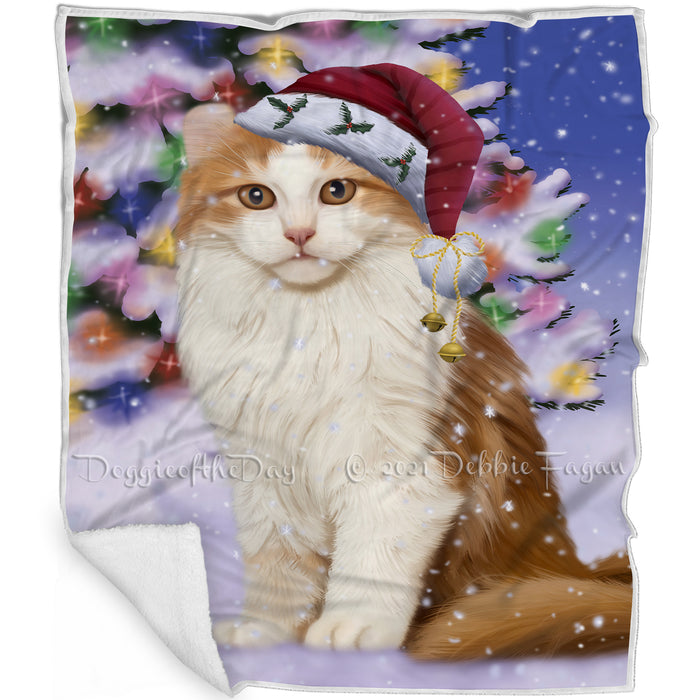 Winterland Wonderland American Curl Cat In Christmas Holiday Scenic Background Blanket BLNKT120522