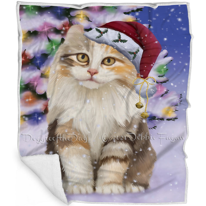 Winterland Wonderland American Curl Cat In Christmas Holiday Scenic Background Blanket BLNKT120531
