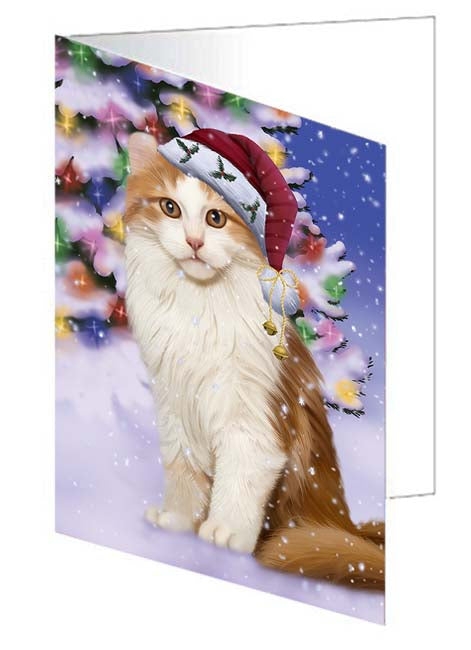 Winterland Wonderland American Curl Cat In Christmas Holiday Scenic Background Handmade Artwork Assorted Pets Greeting Cards and Note Cards with Envelopes for All Occasions and Holiday Seasons GCD71552