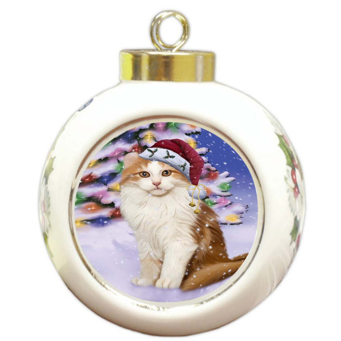 Winterland Wonderland American Curl Cat In Christmas Holiday Scenic Background Round Ball Christmas Ornament RBPOR56035