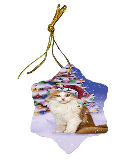 Winterland Wonderland American Curl Cat In Christmas Holiday Scenic Background Star Porcelain Ornament SPOR56035