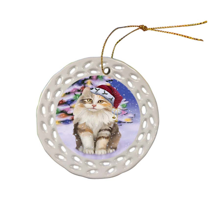 Winterland Wonderland American Curl Cat In Christmas Holiday Scenic Background Ceramic Doily Ornament DPOR56034