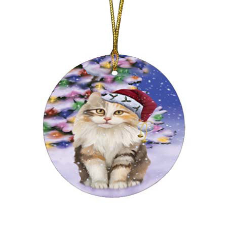 Winterland Wonderland American Curl Cat In Christmas Holiday Scenic Background Round Flat Christmas Ornament RFPOR56034