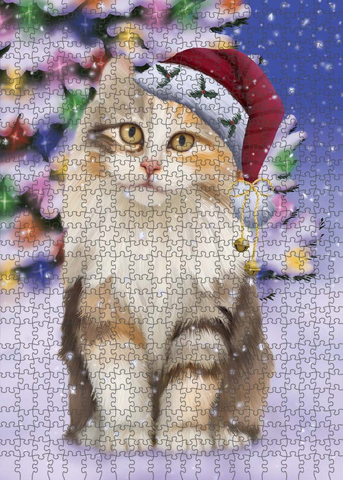 Winterland Wonderland American Curl Cat In Christmas Holiday Scenic Background Puzzle with Photo Tin PUZL90916