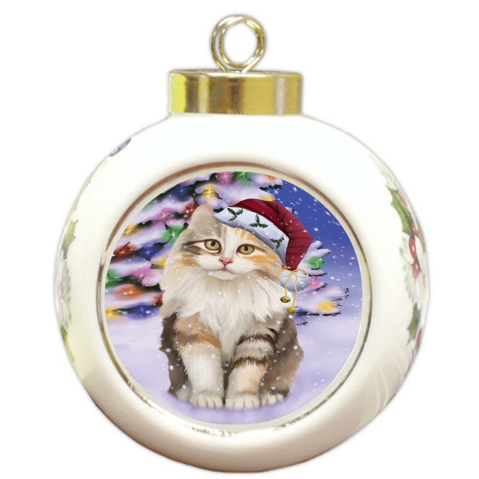 Winterland Wonderland American Curl Cat In Christmas Holiday Scenic Background Round Ball Christmas Ornament RBPOR56034