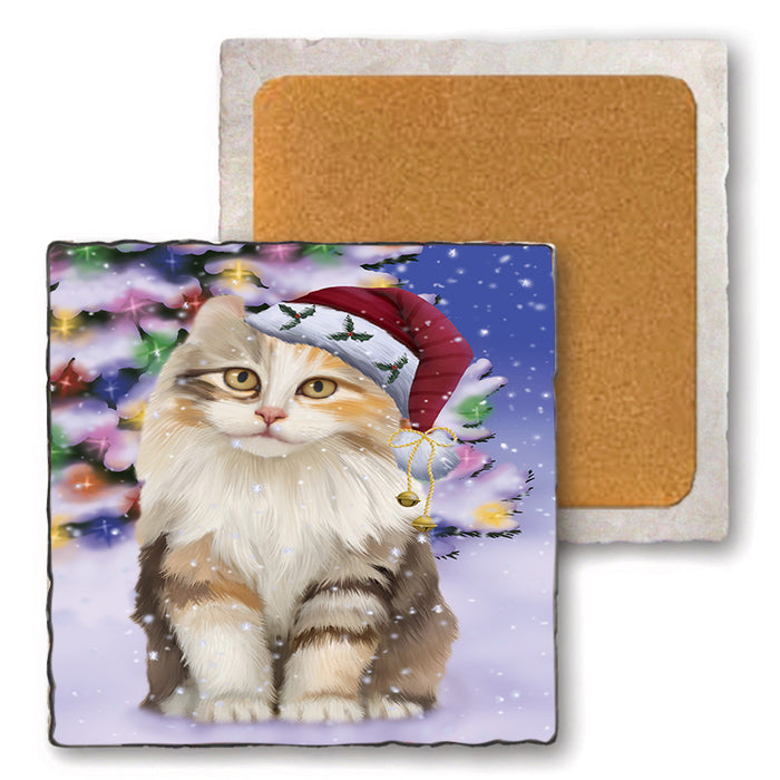 Winterland Wonderland American Curl Cat In Christmas Holiday Scenic Background Set of 4 Natural Stone Marble Tile Coasters MCST50678