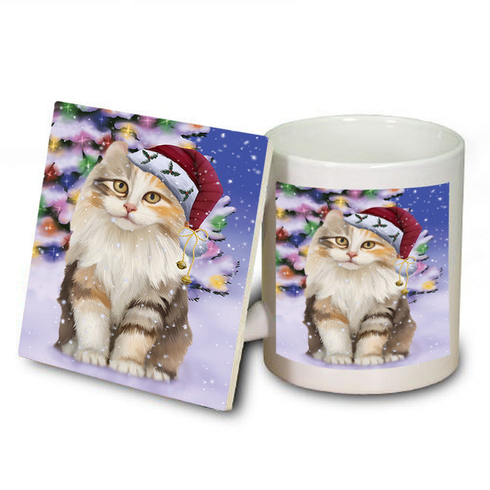 Winterland Wonderland American Curl Cat In Christmas Holiday Scenic Background Mug and Coaster Set MUC55670