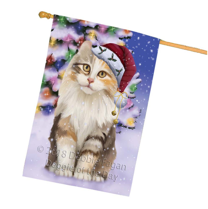 Winterland Wonderland American Curl Cat In Christmas Holiday Scenic Background House Flag FLG56107