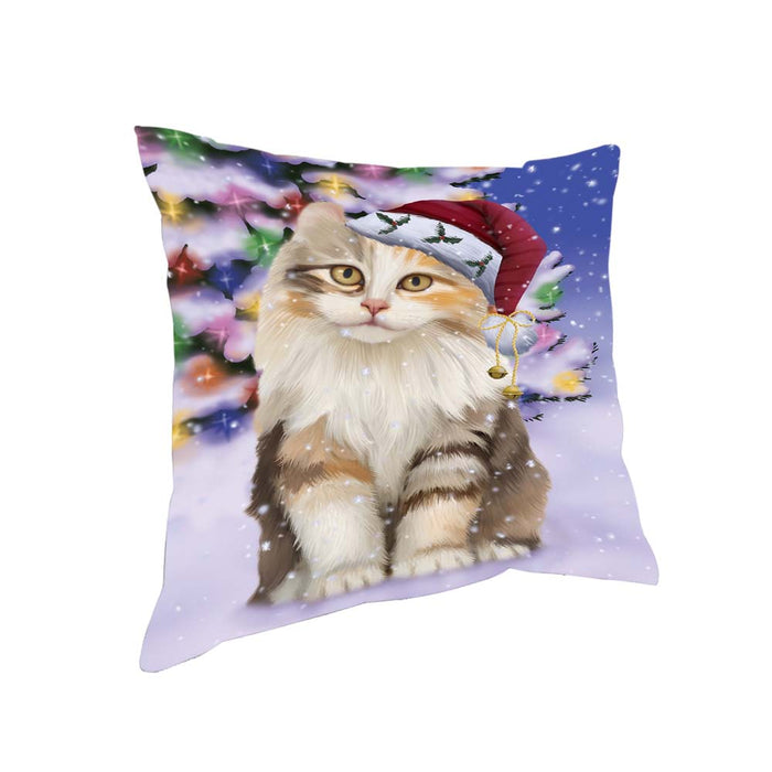 Winterland Wonderland American Curl Cat In Christmas Holiday Scenic Background Pillow PIL71640
