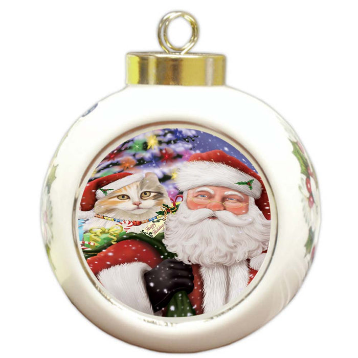 Santa Carrying American Curl Cat and Christmas Presents Round Ball Christmas Ornament RBPOR55834