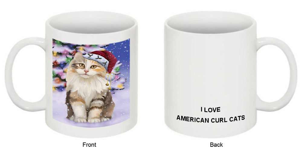 Winterland Wonderland American Curl Cat In Christmas Holiday Scenic Background Coffee Mug MUG51076
