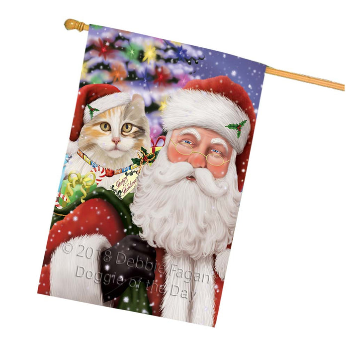 Santa Carrying American Curl Cat and Christmas Presents House Flag FLG55907