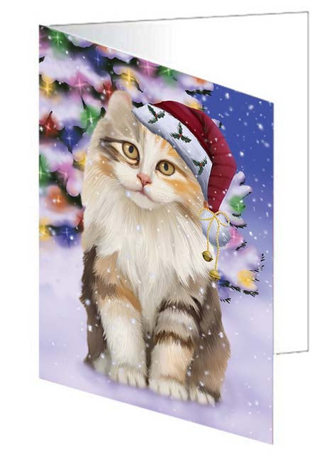 Winterland Wonderland American Curl Cat In Christmas Holiday Scenic Background Handmade Artwork Assorted Pets Greeting Cards and Note Cards with Envelopes for All Occasions and Holiday Seasons GCD71549