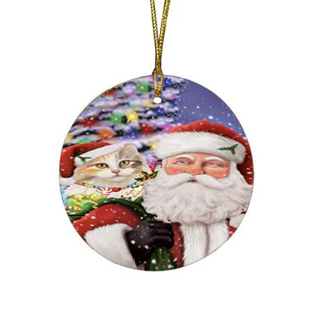 Santa Carrying American Curl Cat and Christmas Presents Round Flat Christmas Ornament RFPOR55834