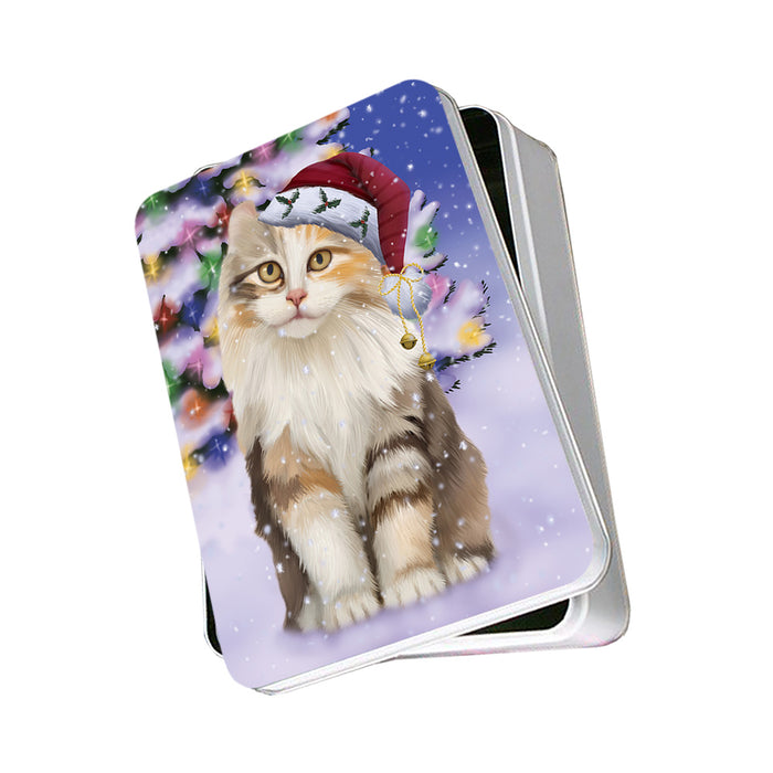 Winterland Wonderland American Curl Cat In Christmas Holiday Scenic Background Photo Storage Tin PITN55621
