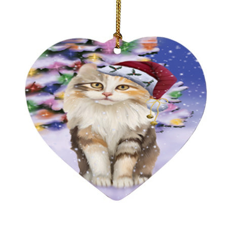 Winterland Wonderland American Curl Cat In Christmas Holiday Scenic Background Heart Christmas Ornament HPOR56034